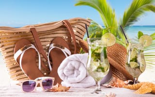 Картинка mojito, sand, море, сумка, полотенце, мохито, очки, sea, vacation, summer, paradise, palms, лайм, отдых, cocktail, пляж, beach, tropical