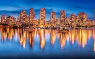 Картинка Vancouver, Canada, Ванкувер, Канада, Burrard Inlet, Британская Колумбия, ночной город, яхты, Залив Беррард, British Columbia, отражение, панорама, здания