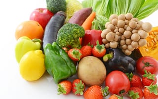 Картинка ягоды, лимон, грибы, баклажаны, клубника, апельсин, яблоки, белый