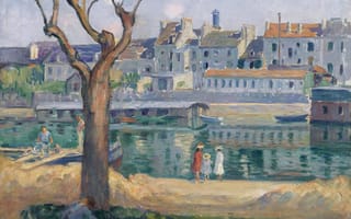 Картинка Анри Лебаск, картина, Lagny, View of the Quay of Pamponne, река, люди, дерево, дома, городской пейзаж