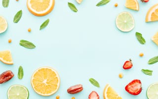 Картинка ягоды, апельсин, дольки, клубника, композиция, лимон