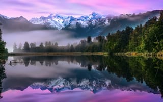 Картинка лес, ледник Фокса, горы, Южный остров, озеро, Lake Matheson, Южные Альпы, Национальный парк Вестленд, гора Кука, Новая Зеландия, рано утром, туман