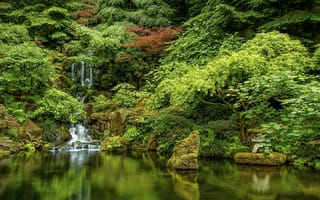 Картинка Japanese Gardens, Японские сады, Орегон, камни, Oregon, Портленд, озеро, каскад, деревья, Portland, водопад