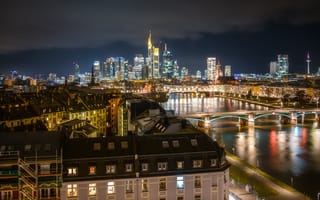 Картинка мост, вечер, Франкфурт-на-Майне, река, огни, Германия