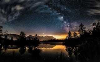 Картинка небо, ночь, озеро, свет, звезды, горы