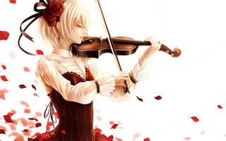 Картинка арт, роза, аниме, девушка, bouno satoshi, скрипка, лепестки