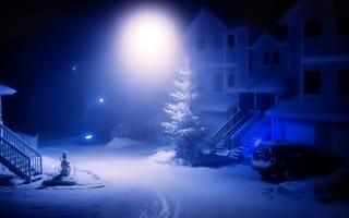Картинка Зима, машина, снеговик, свет, двор, снег, фонарь, дерево