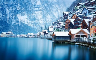 Обои Австрия, зима, дома, озеро, снег, горы, пейзаж, Hallstatt