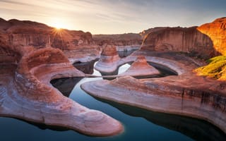 Картинка солнце, свет, скалы, река, США, каньон