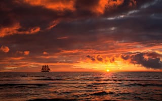 Картинка закат, корабль, море