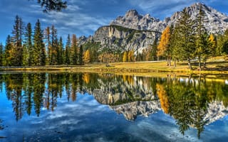 Картинка осень, деревья, Italy, Озеро Анторно, Lago d'Antorno, Dolomites, озеро, Италия, горы, Lake Antorno, отражение, Доломитовые Альпы