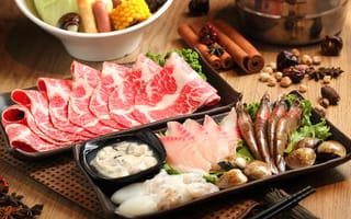 Картинка ассорти, креветки, блюда, японская кухня, бадьян, кальмары, морепродукты, специи, корица, мясо, моллюски, рыба