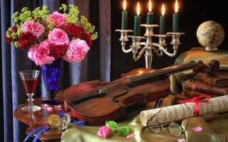 Обои натюрморт, свечи, часы, ноты, очки, книги, букет, бокал, глобус, скрипка, розы