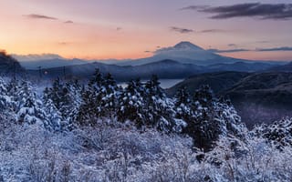 Картинка зима, иней, холмы, лес, Япония, ветки, горы, берег