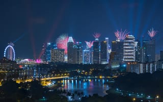 Картинка Kallang, фейерверк, здания, ночной город, Сингапур, небоскрёбы, Singapore, Калланг, by Tan Bing Dun