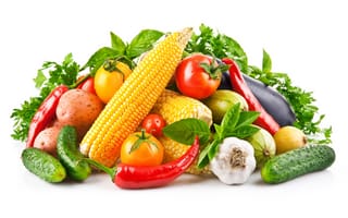 Картинка зелень, овощи, картофель, натюрморт, кукуруза, томаты, чеснок, перец