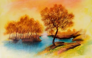 Обои рисунок, покой, деревья, осень, река, пейзаж
