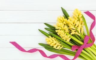 Картинка цветы, букет, гиацинты, ribbon, лента, yellow, flowers, желтые