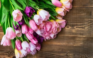 Картинка цветы, tulips, тюльпаны, flowers, pink, wood, розовые, букет