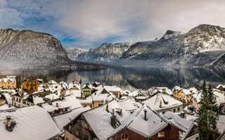 Картинка Hallstatt, Гальштатское озеро, горы, крыши, Альпы, озеро, зима, Alps, панорама, Austria, Гальштат, дома, Австрия, Lake Hallstatt