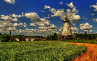 Картинка Lower Mill, England, Вудчерч, мельница, Англия, облака, Kent, Кент, деревня, поле, Woodchurch