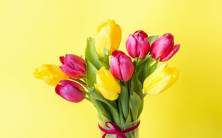 Картинка цветы, желтый, букет, розовые, тюльпаны