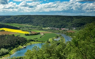 Картинка Riedenburg, река, леса, Германия, панорама, облака, поля, Бавария