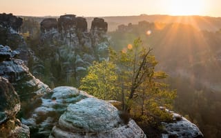 Картинка солнце, свет, горы, туман, камни, деревья, обрыв, блики