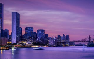 Картинка мост, East River, Ист-Ривер, Нью-Йорк, небоскрёбы, пролив, здания, New York City, ночной город