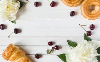 Картинка цветы, ягоды, черешня, peonies, cakes, пионы, пирожные, выпечка, white, cherry