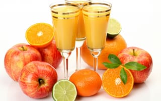 Картинка фрукты, сок, яблоки, апельсины, лайм, листья, бокалы