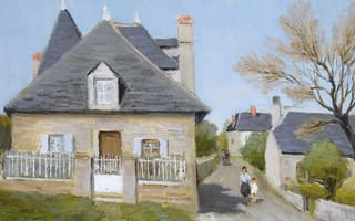 Картинка Марсель Диф, городской пейзаж, улица, картина, дома, Утренняя прогулка, люди