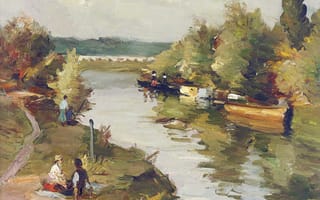 Картинка Марсель Диф, Влюбленные на речном берегу, тропинка, деревья, лодка, река, пейзаж, люди, картина