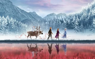 Картинка Frozen, Red, Girls, Female, Wood, Beautiful, Queen, Blizzard, Family, Anna, Nature, Snow, Winter, Fantasy, Anime, Tree
