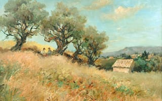 Картинка Марсель Диф, Оливы, деревья, люди, поле, картина, дом, пейзаж