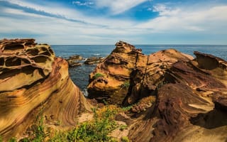 Картинка море, небо, берег, камни, скалы, голубой, облака, линии