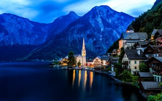 Картинка Hallstatt, Австрия, горы, Alps, Альпы, Гальштат, дома, Lake Hallstatt, Austria, Гальштатское озеро, озеро
