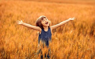 Обои лето, пшеница, радость, поле, восторг, детство, счастье, девочка
