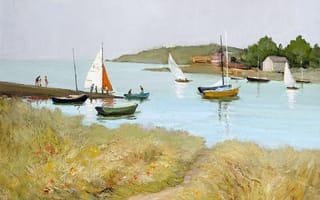 Картинка Марсель Диф, картина, берег, лодки, цветы, море, пейзаж, люди, The Passage St. Armel, трава