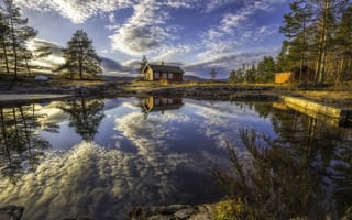 Картинка Ringerike, озеро, деревья, дома, Рингерике, Norway, отражение, облака, Норвегия