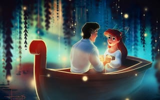 Картинка арт, ariel, kelogsloops, светлячки, девушка, парень, русалочка, лодка, eric