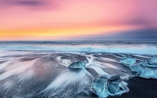 Картинка лед, море, волны, красота, берег, закат, рассвет, голубой