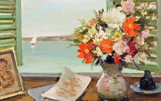Картинка Марсель Диф, окно, парус, цветы, ваза, картина, лодка, Открытые ставни