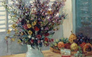 Картинка Марсель Диф, Ваза с цветами и фрукты на столе, натюрморт, картина