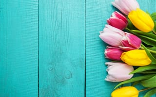 Картинка colorful, тюльпаны, tulips, flowers, wood, розовые, yellow, pink