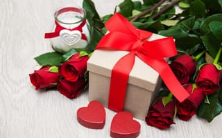 Обои любовь, розы, подарок, hearts, gift box, love, красные, roses, red, valentine's day, сердечки, romantic