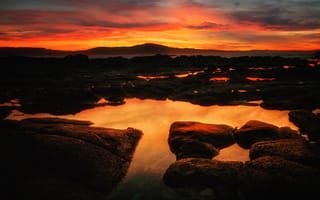 Картинка море, небо, горы, тучи, облака, свет, вода, закат