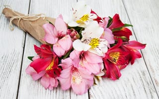 Картинка цветы, лилии, pink, букет, lily, розовые, wood, flowers