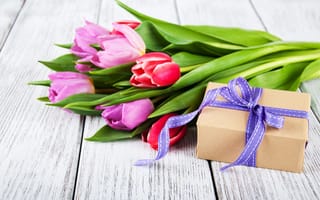Картинка цветы, подарок, букет, flowers, gift box, purple, tulips, colorful, pink, spring