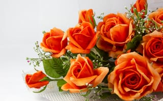 Картинка цветы, букет, розы, искусственные, лепестки, стебли, листья, оранжевые